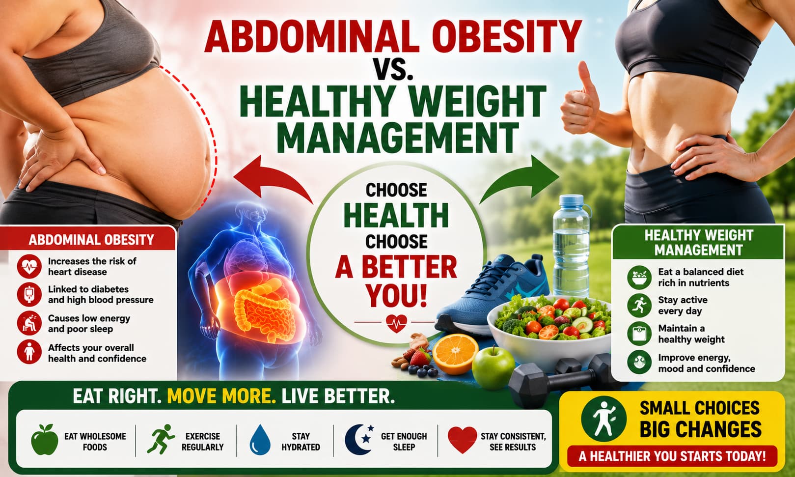 A medical illustration showing abdominal obesity alongside healthy weight management through balanced nutrition and regular exercise
