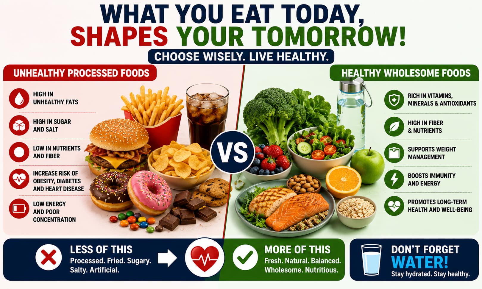 An infographic comparing unhealthy processed foods with healthy foods such as vegetables, fruits, whole grains, lean proteins, and water