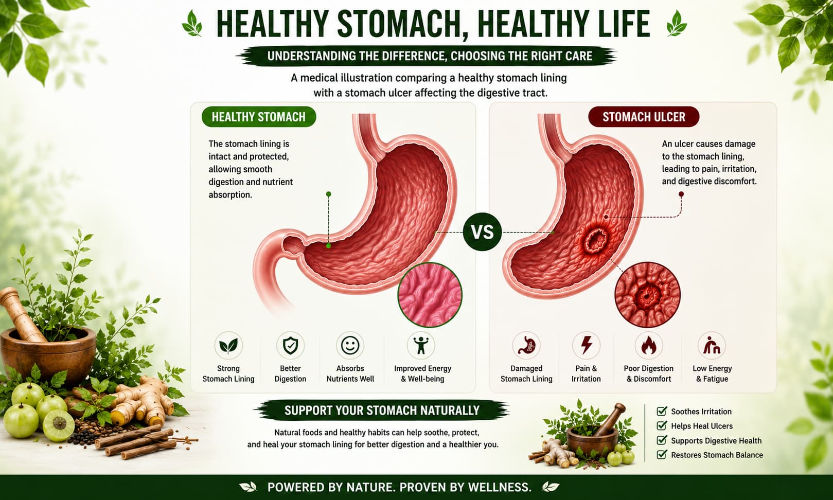 A medical illustration comparing a healthy stomach lining with a stomach ulcer affecting digestive track