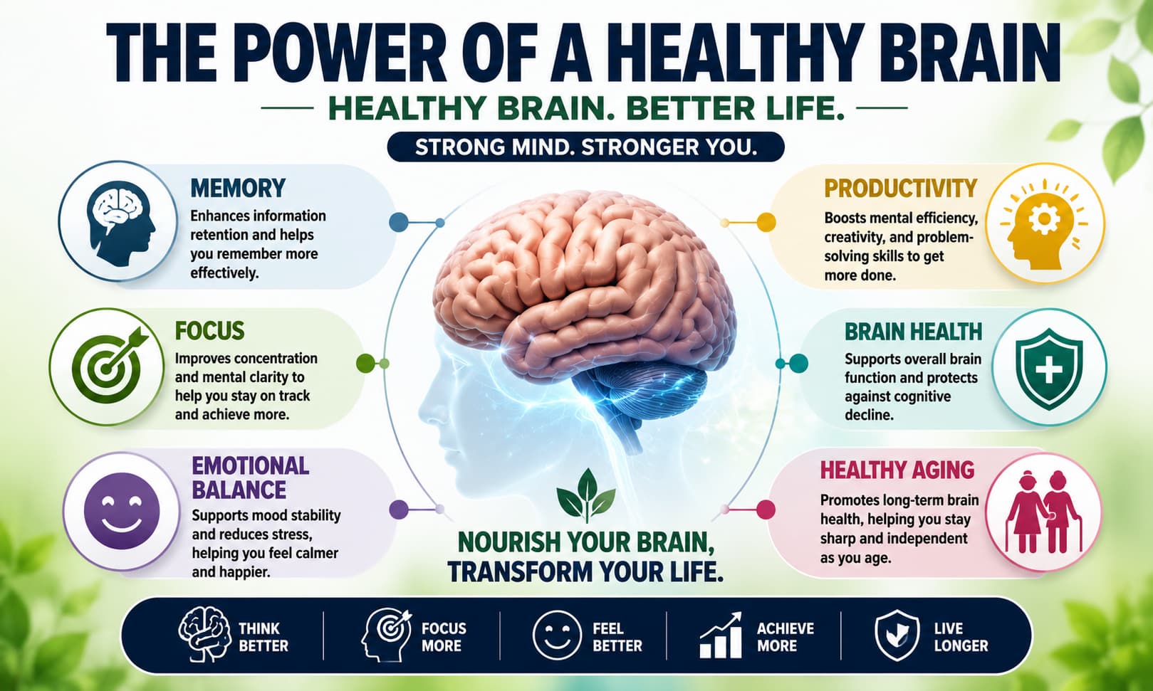 An infographic illustrating the benefits of healthy brain function, including memory, focus, emotional balance, productivity, and healthy aging.