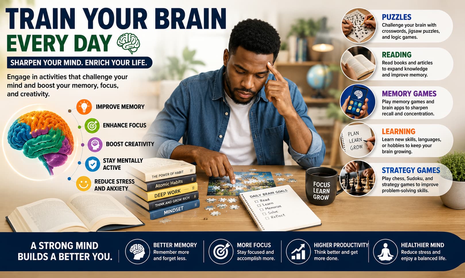A person engaging in a brain workout through puzzles, reading, memory games, and educational activities.