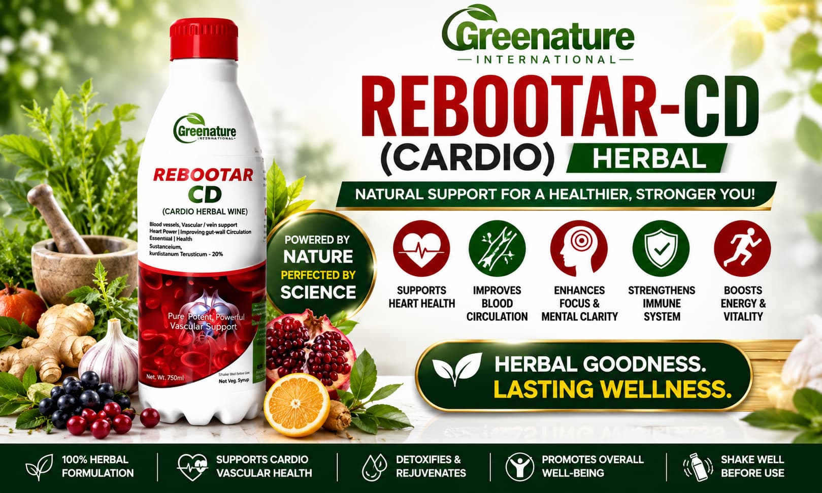 A professionally branded bottle of REBOOTAR-CD (CARDIO) Herbal displayed alongside natural herbs, fruits, and wellness-themed imagery promoting vitality, focus, and overall well-being.
