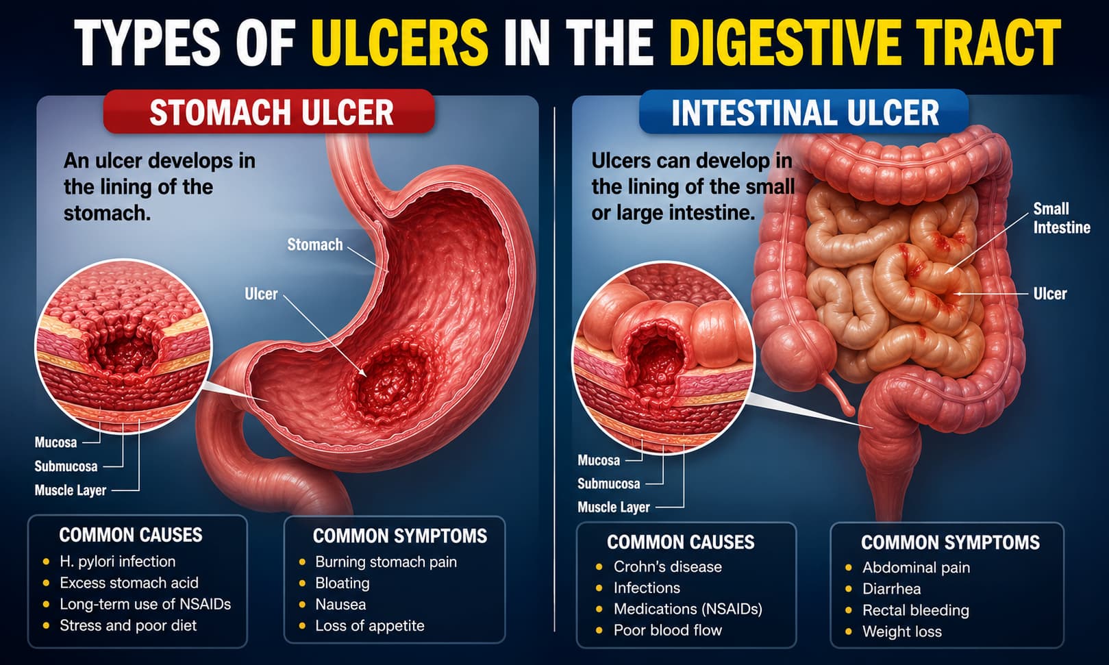 A medical illustration showing an ulcer developing in the stomach lining and another example of ulcers occurring in the intestinal tract.