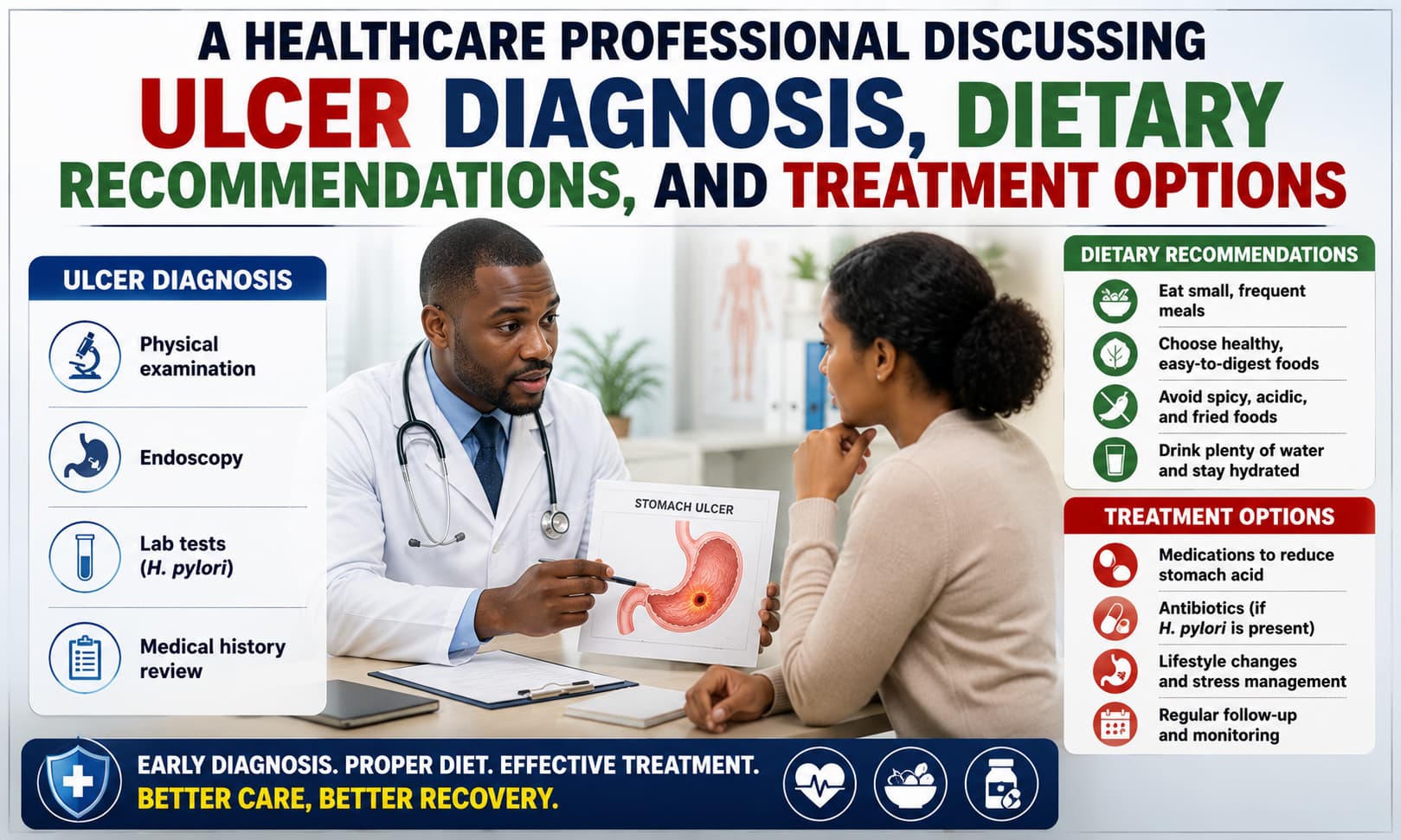 A healthcare professional discussing ulcer diagnosis, dietary recommendations, and treatment options with a patient.