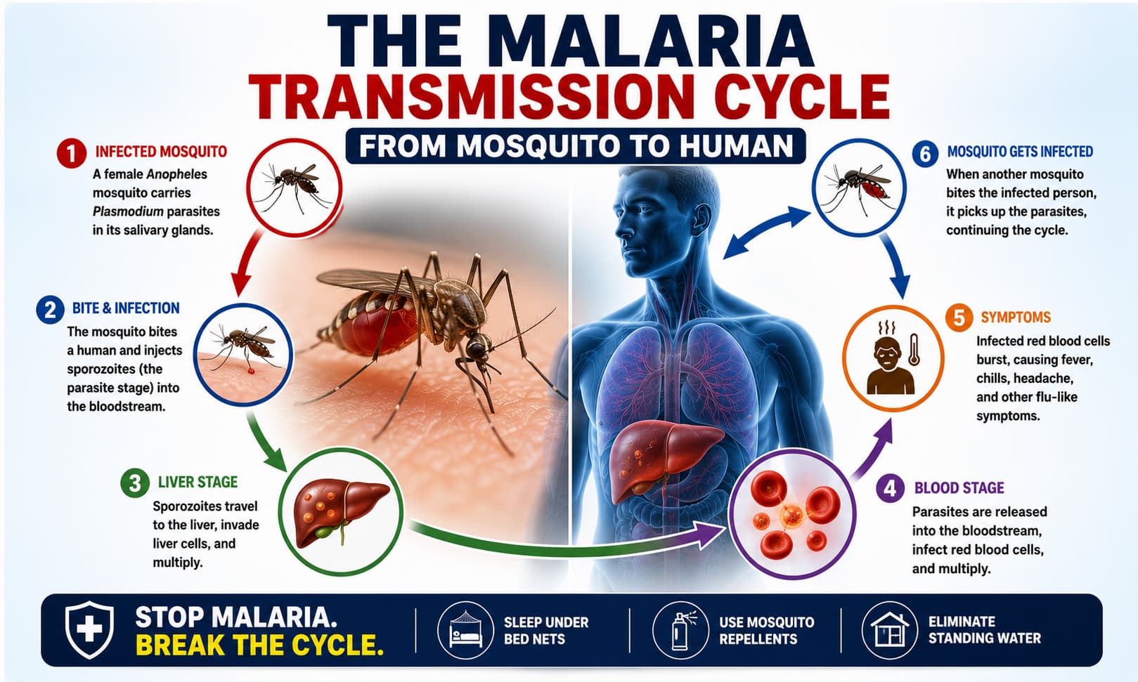 A medical illustration showing the malaria transmission cycle from an infected mosquito to a human host.