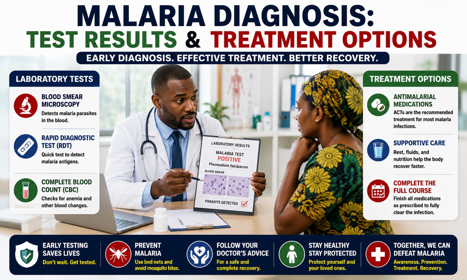 A healthcare professional reviewing laboratory test results and discussing treatment options with a patient diagnosed with malaria.
