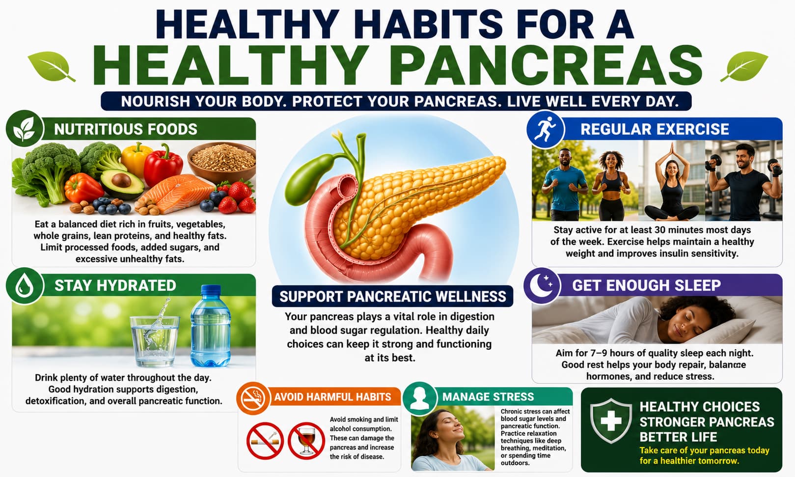 nutritious foods, exercise, hydration, and healthy habits 