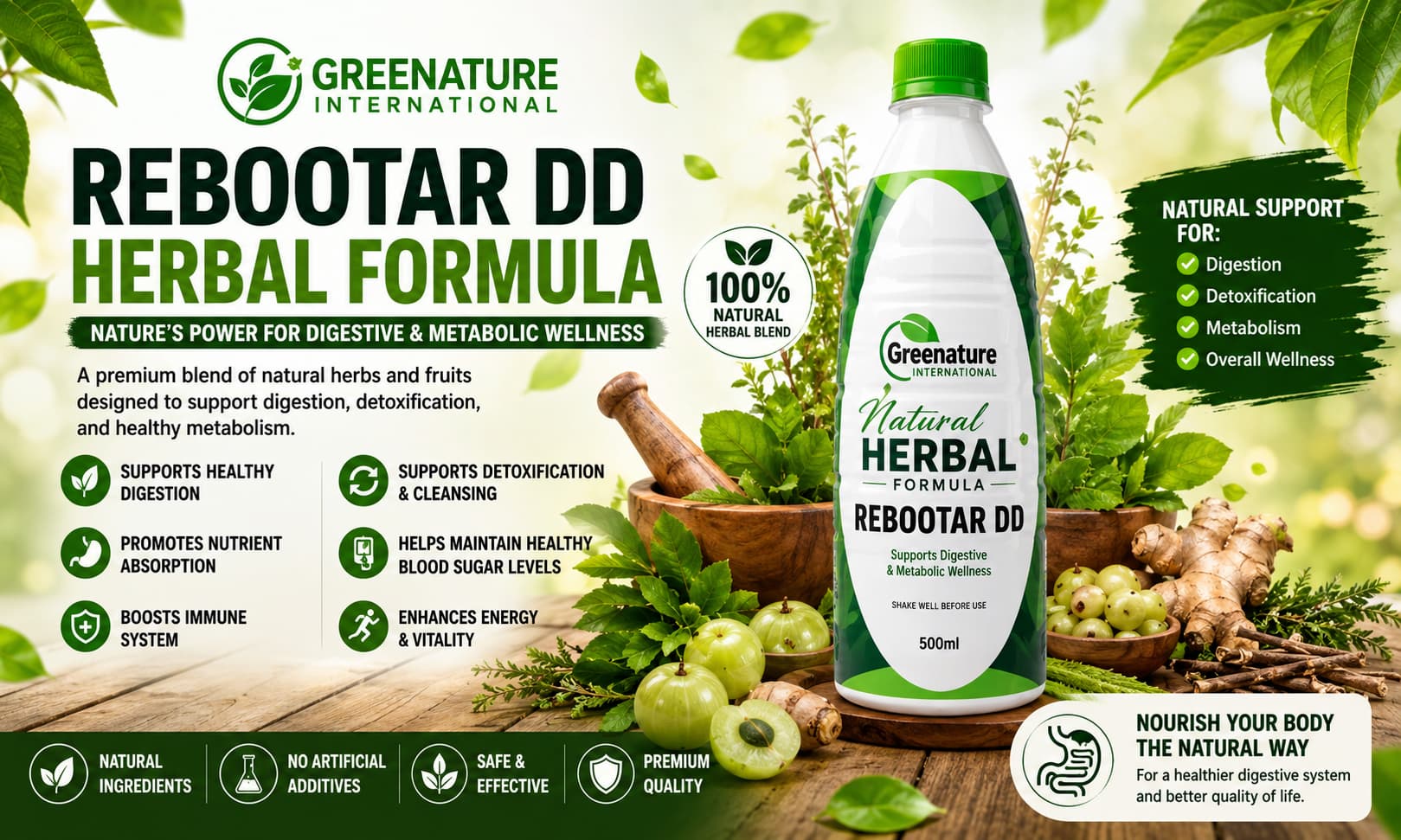 branded bottle of Rebootar DD Herbal Formula displayed alongside natural herbs, fruits, and wellness-themed imagery