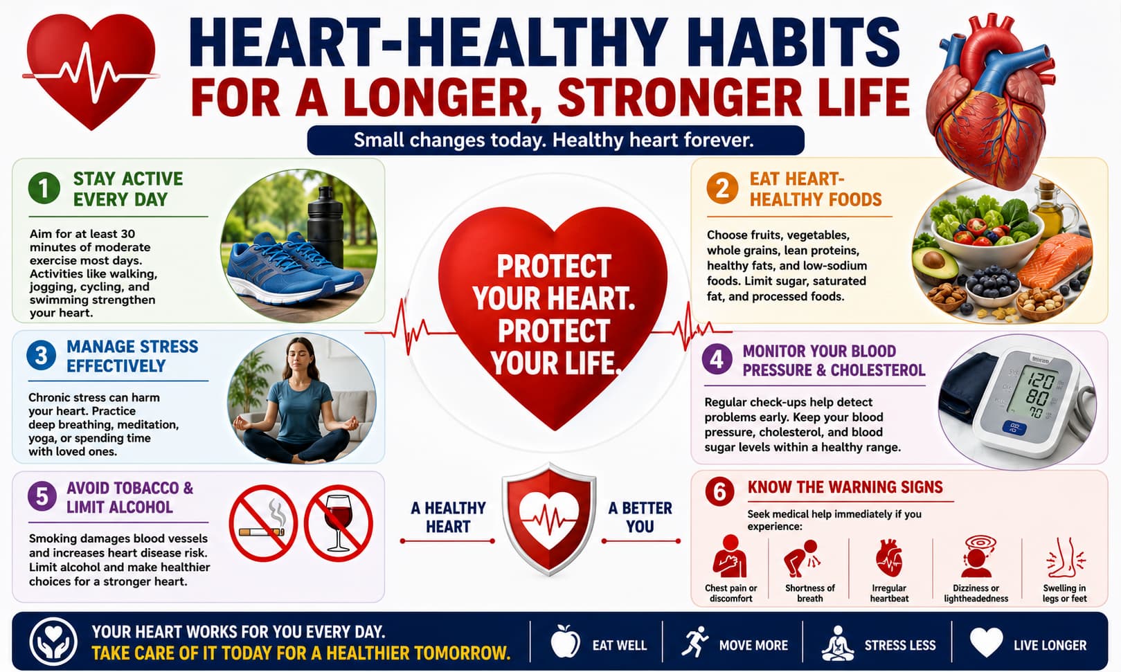 heart-healthy habits such as exercise, balanced nutrition, stress management, blood pressure monitoring