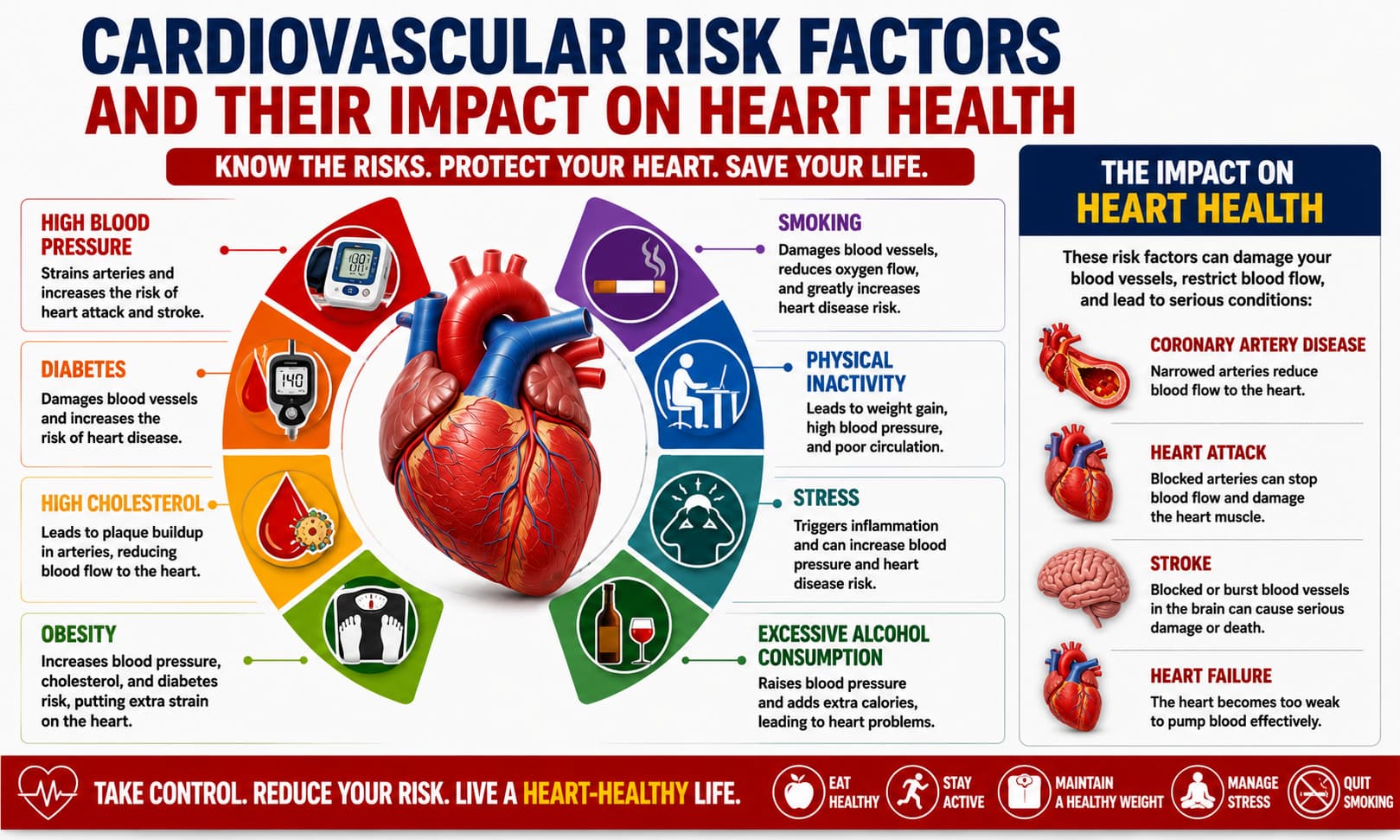 A visual chart highlighting major cardiovascular risk factors and their impact on heart health.