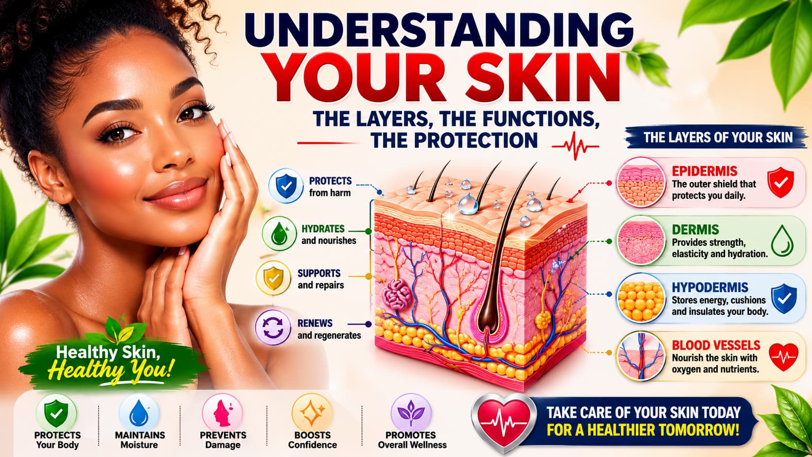 healthy, radiant skin alongside an illustration showing the different layers of the skin