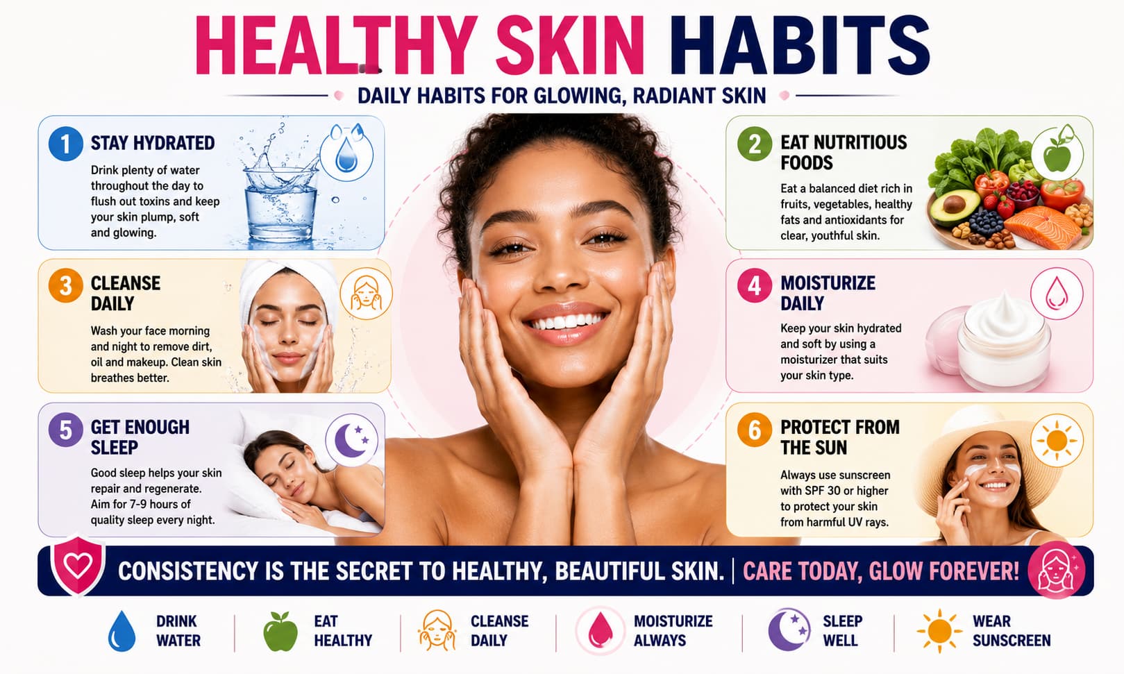 healthy skin habits such as hydration, proper nutrition, cleansing, moisturizing, sleep, and sun protection