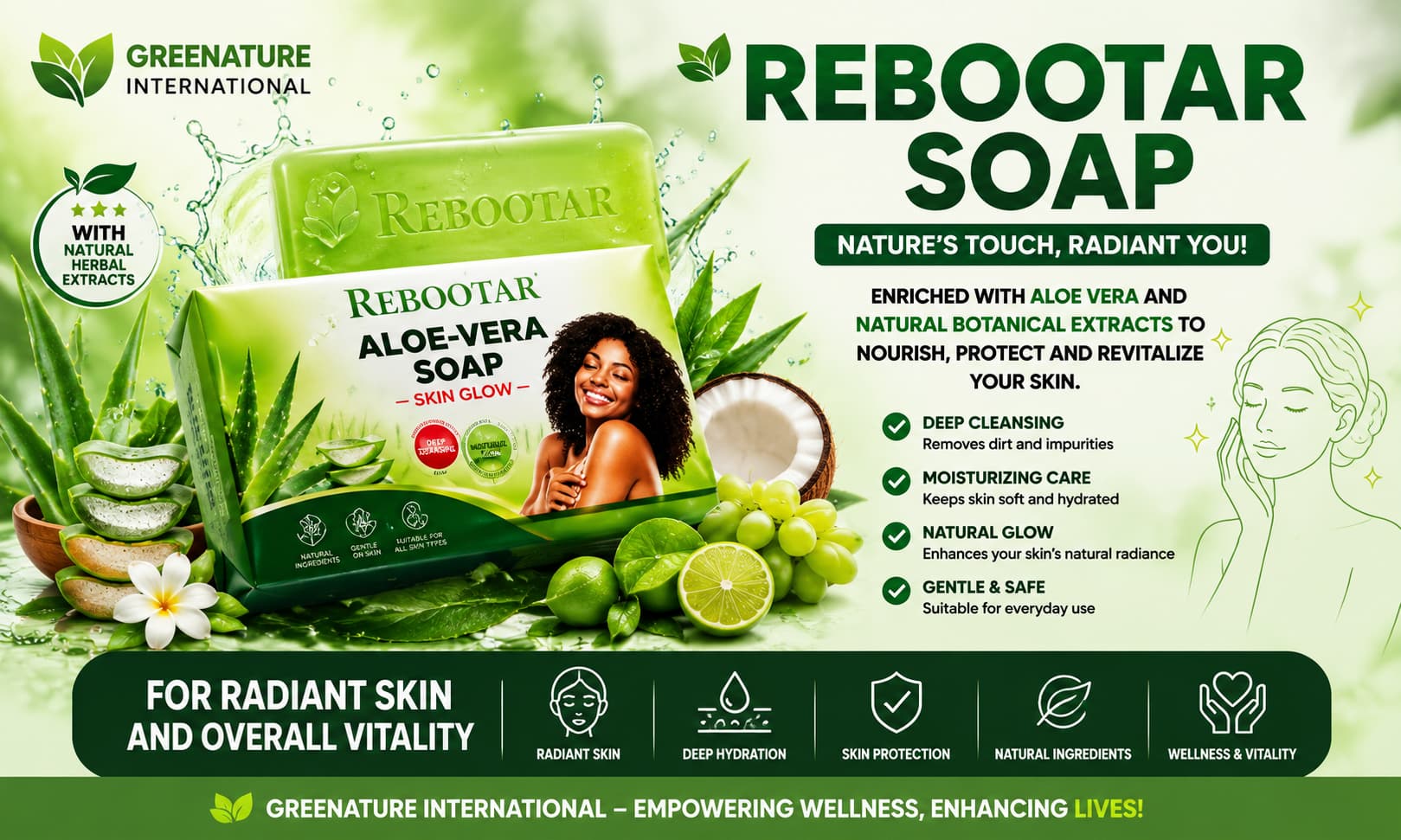 Rebootar SOAP displayed alongside natural herbs, fruits, and wellness-themed imagery 