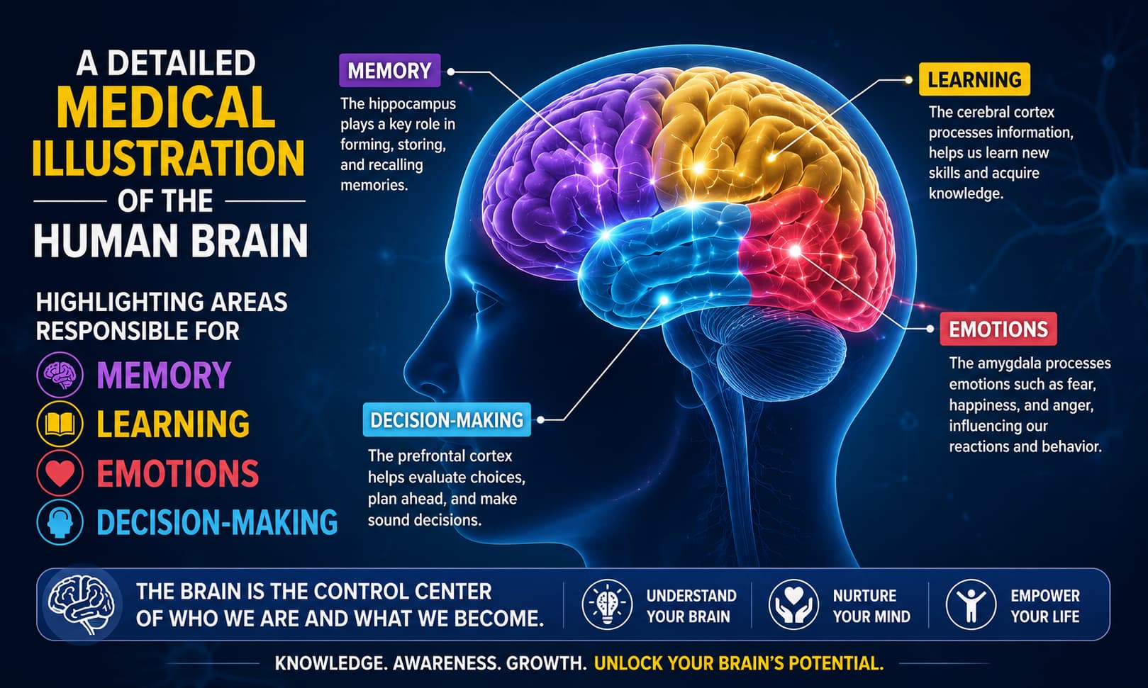 A detailed medical illustration of the human brain highlighting areas responsible for memory, learning, emotions, and decision-making.---