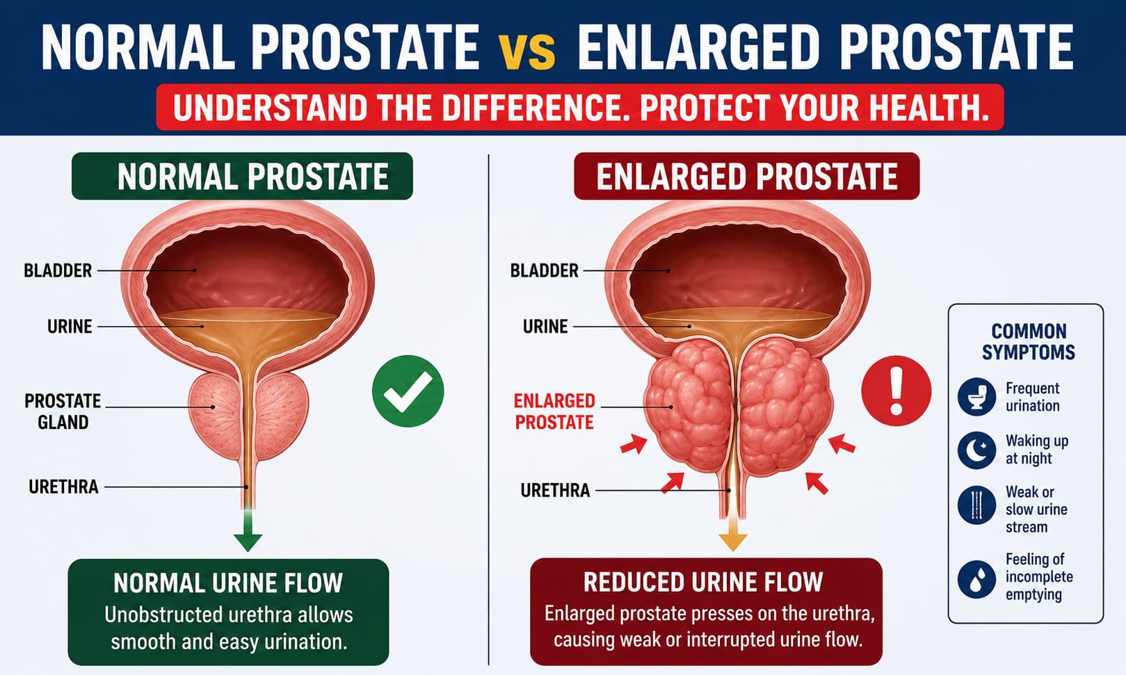 A medical illustration comparing a normal prostate gland with an enlarged prostate pressing against the urethra and affecting urine flow.

