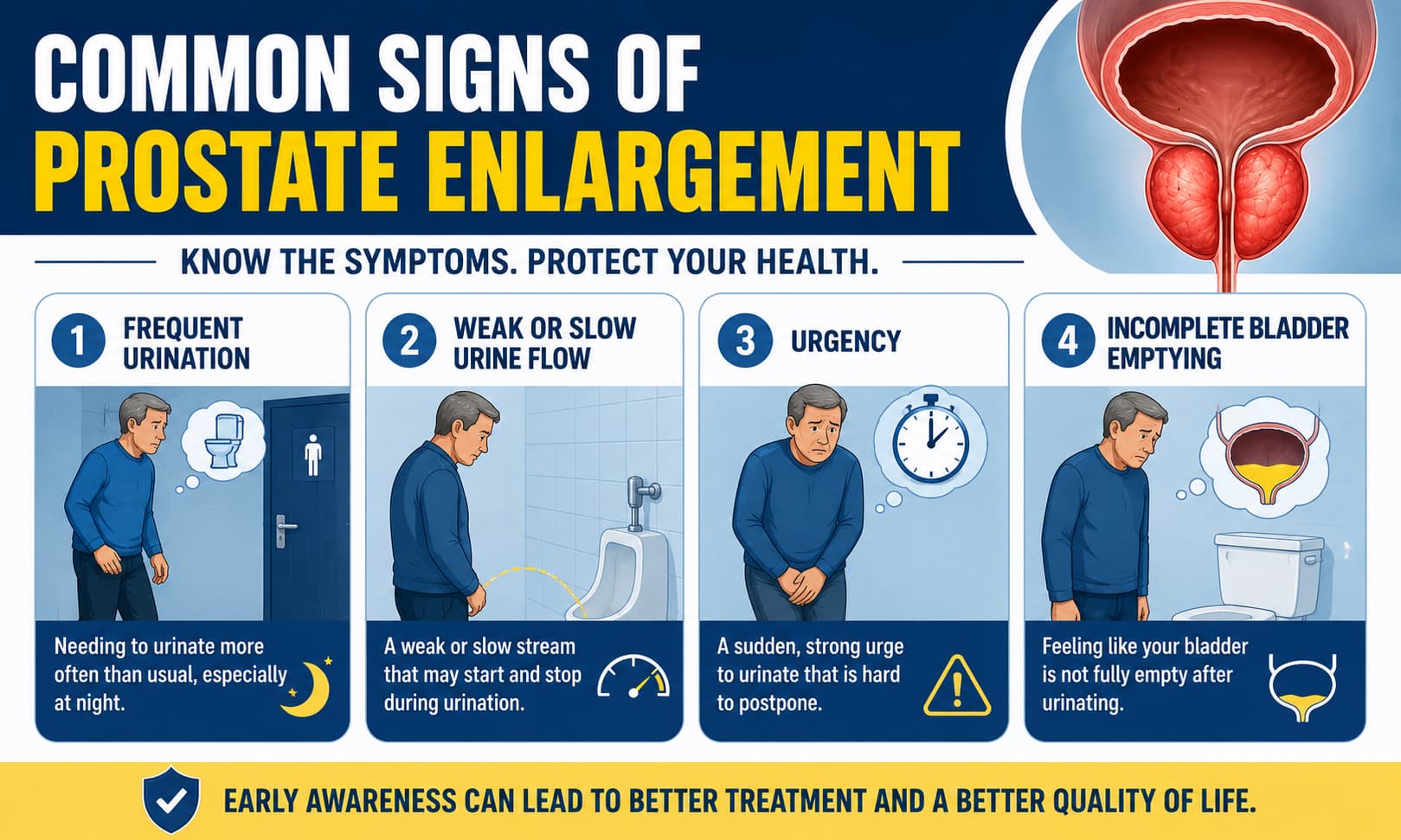 An infographic illustrating common signs of prostate enlargement, including frequent urination, weak urine flow, urgency, and incomplete bladder emptying.

