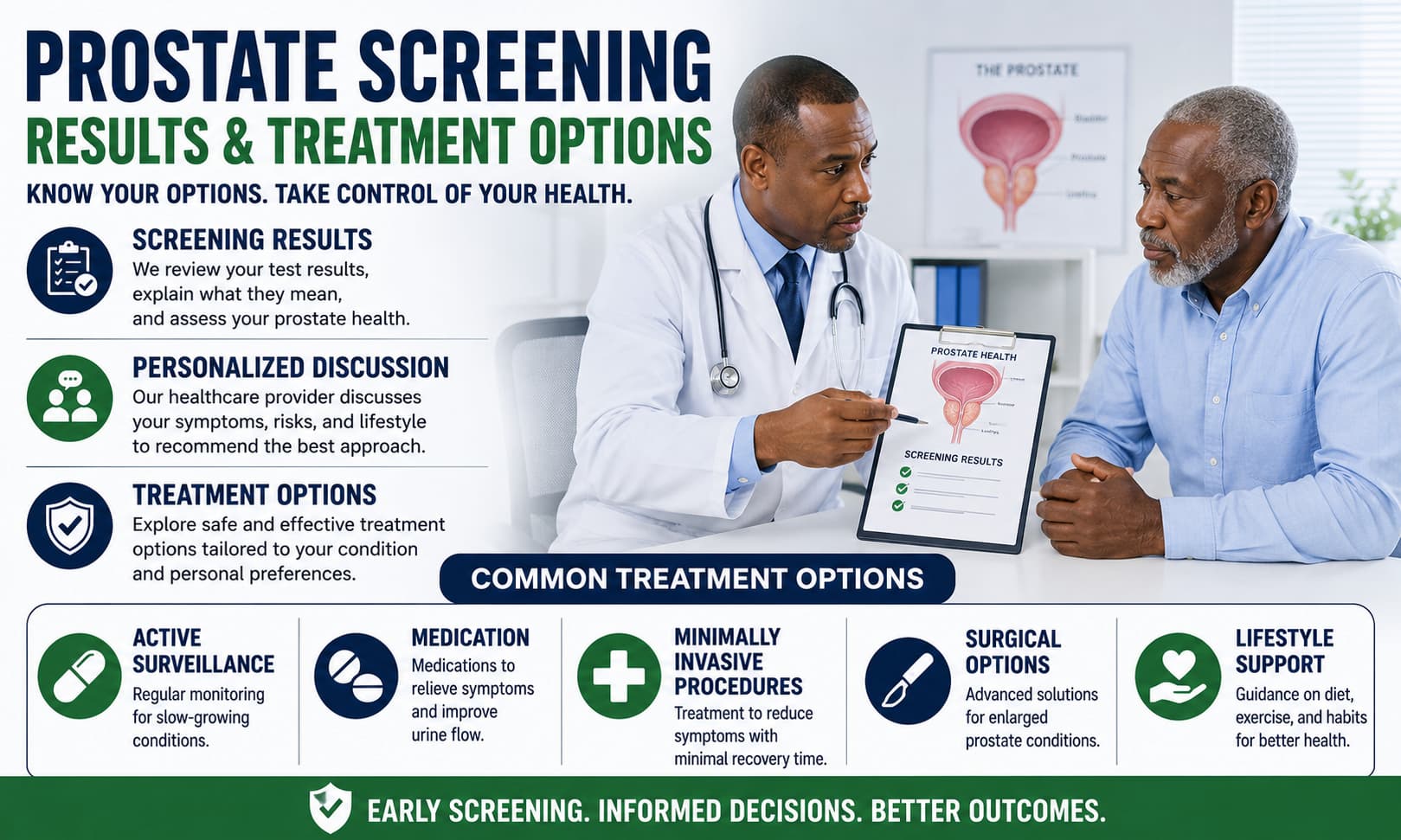 A healthcare provider discussing prostate screening results and treatment options with a patient during a consultation.