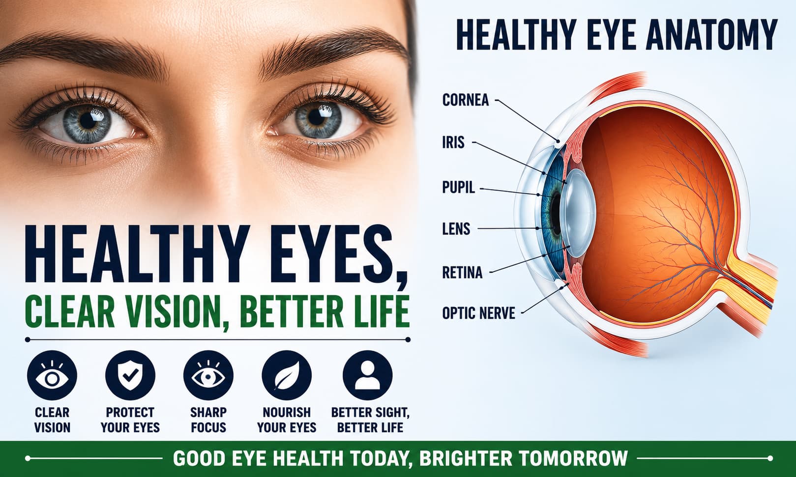 A close-up image of healthy eyes with clear visual focus, alongside an illustration showing healthy eye anatomy.