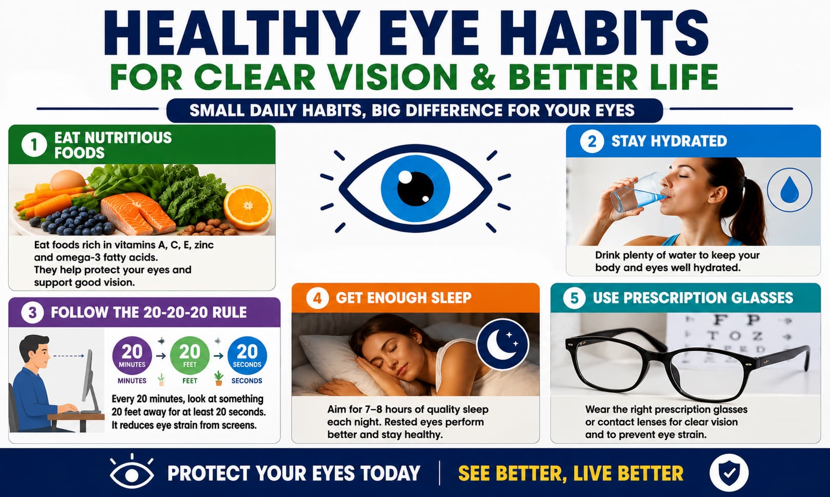 An infographic illustrating healthy eye habits, including proper nutrition, hydration, screen breaks, sleep, and the use of prescription glasses.---