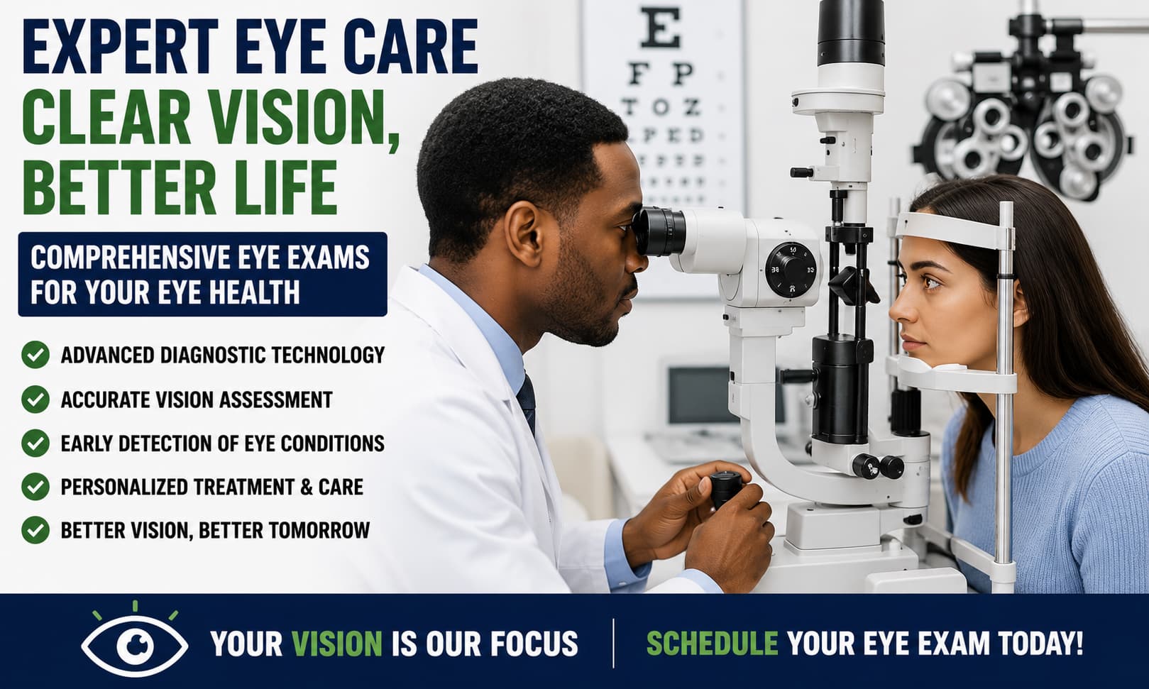 An eye care specialist performing a comprehensive vision examination using modern diagnostic equipment.---