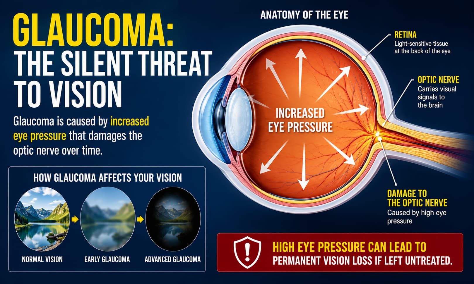 A medical illustration showing the anatomy of the eye, highlighting the optic nerve and increased eye pressure associated with glaucoma.