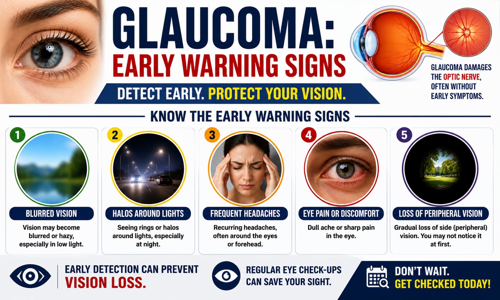 An infographic illustrating the early warning signs of glaucoma, including blurred vision, halos around lights, headaches, eye pain, and peripheral vision loss.