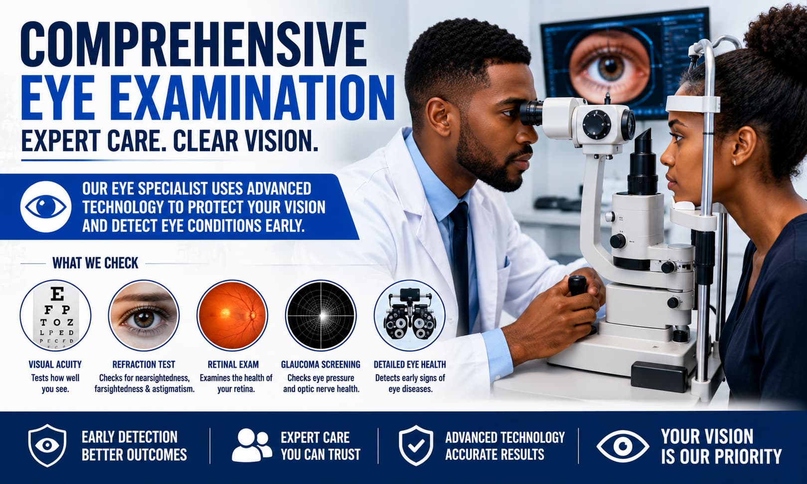 An eye specialist performing a comprehensive eye examination using modern diagnostic equipment.---