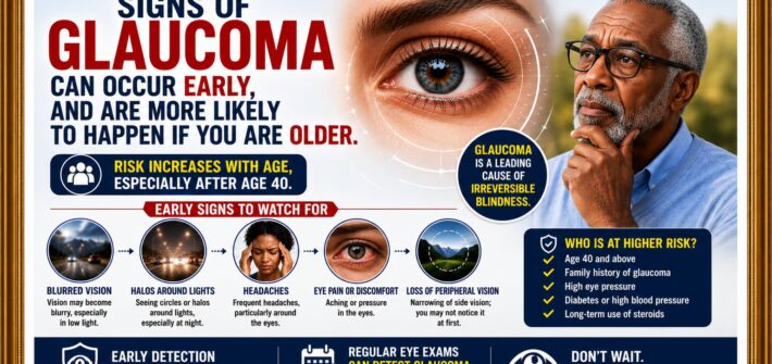 Signs of glaucoma can occur early, and are more likely to happen if you are older.
