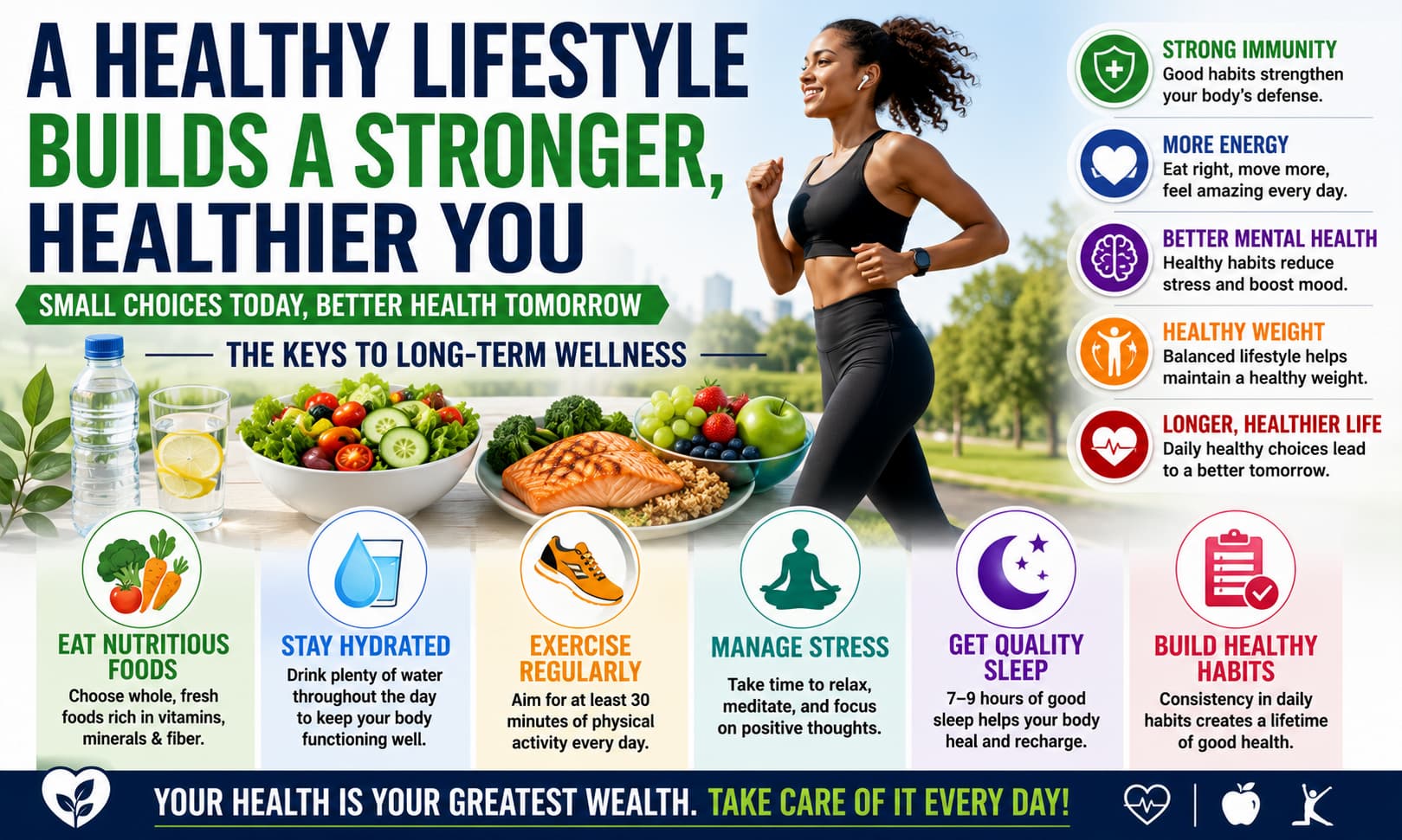 A healthy lifestyle illustration featuring nutritious meals, water, exercise, and healthy daily habits that support long-term wellness.