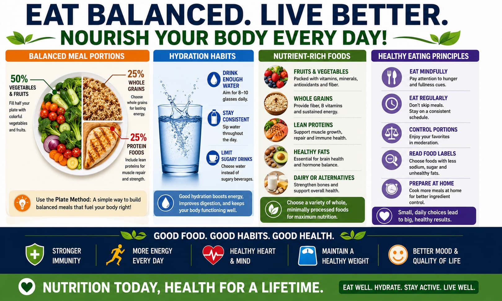 An infographic displaying balanced meal portions, hydration habits, nutrient-rich foods, and healthy eating principles.