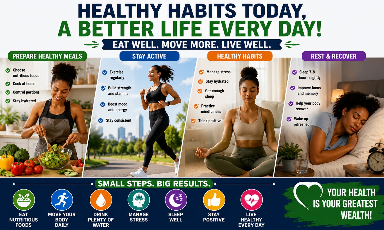 An individual preparing healthy meals, exercising, and practicing healthy lifestyle habits throughout the day.---