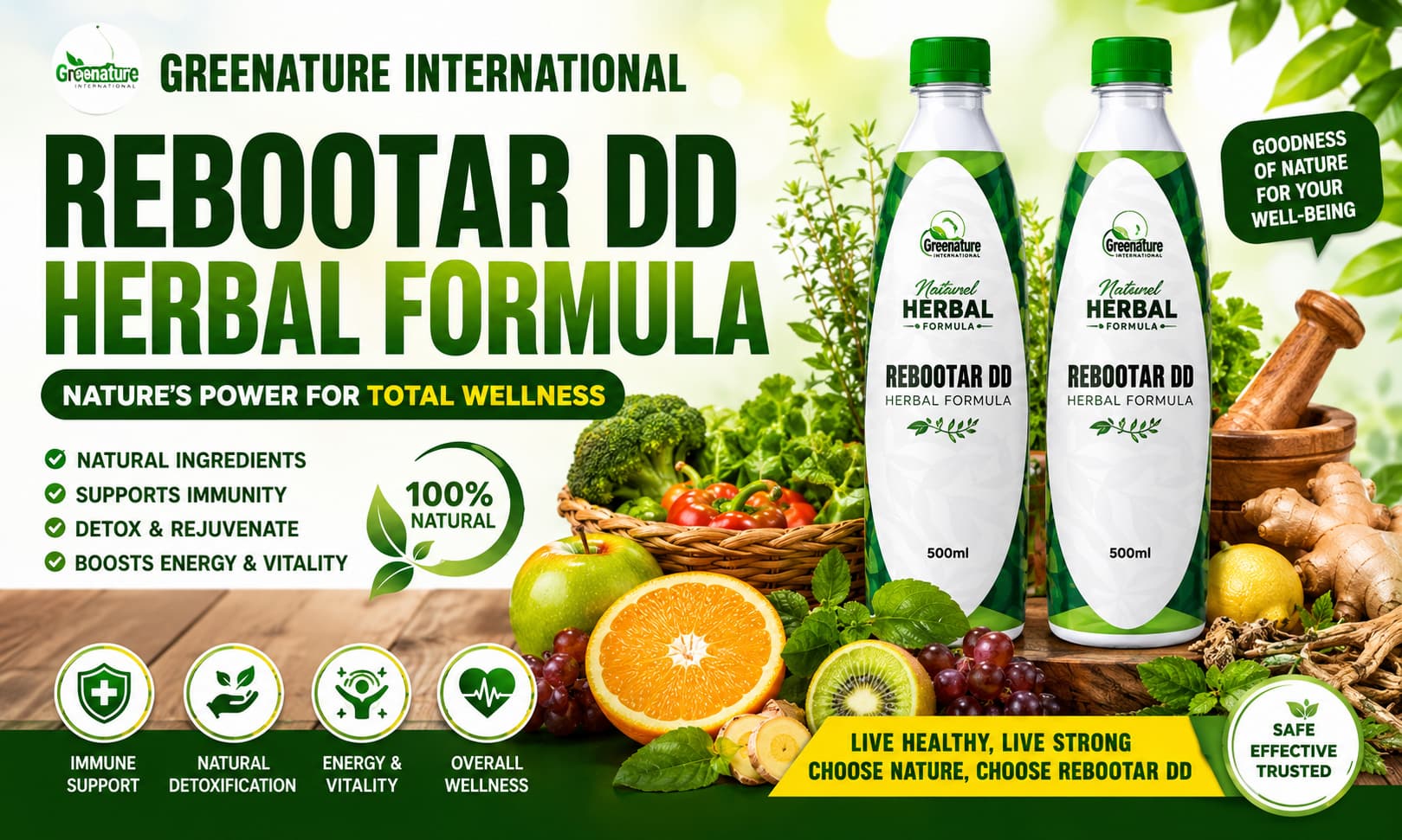 A professionally branded bottle of Rebootar DD Herbal Formula displayed alongside fresh fruits, vegetables, herbs, and wellness-themed imagery promoting healthy living.