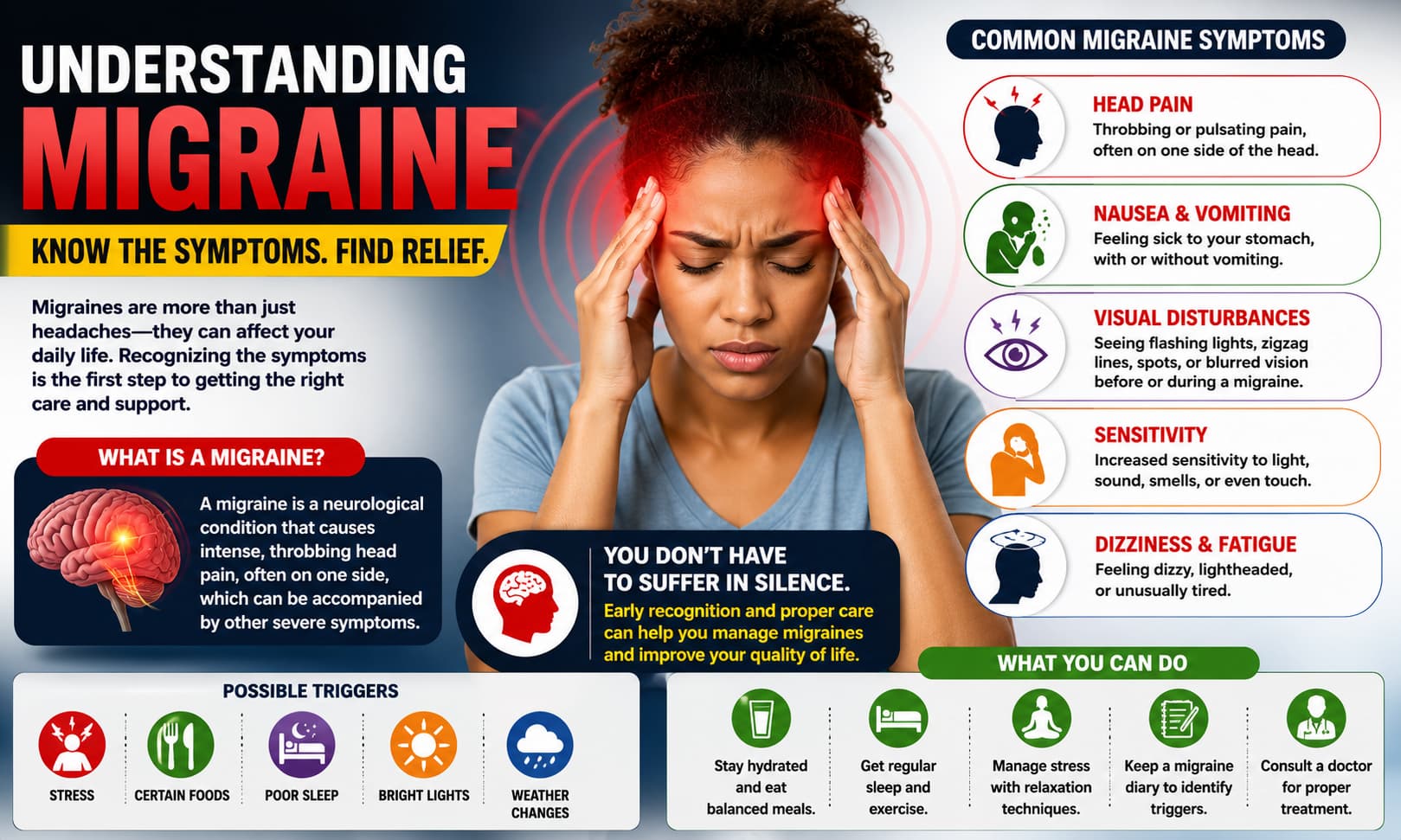 A medical illustration showing a person experiencing a migraine, highlighting common symptoms such as head pain, nausea, and visual disturbances.