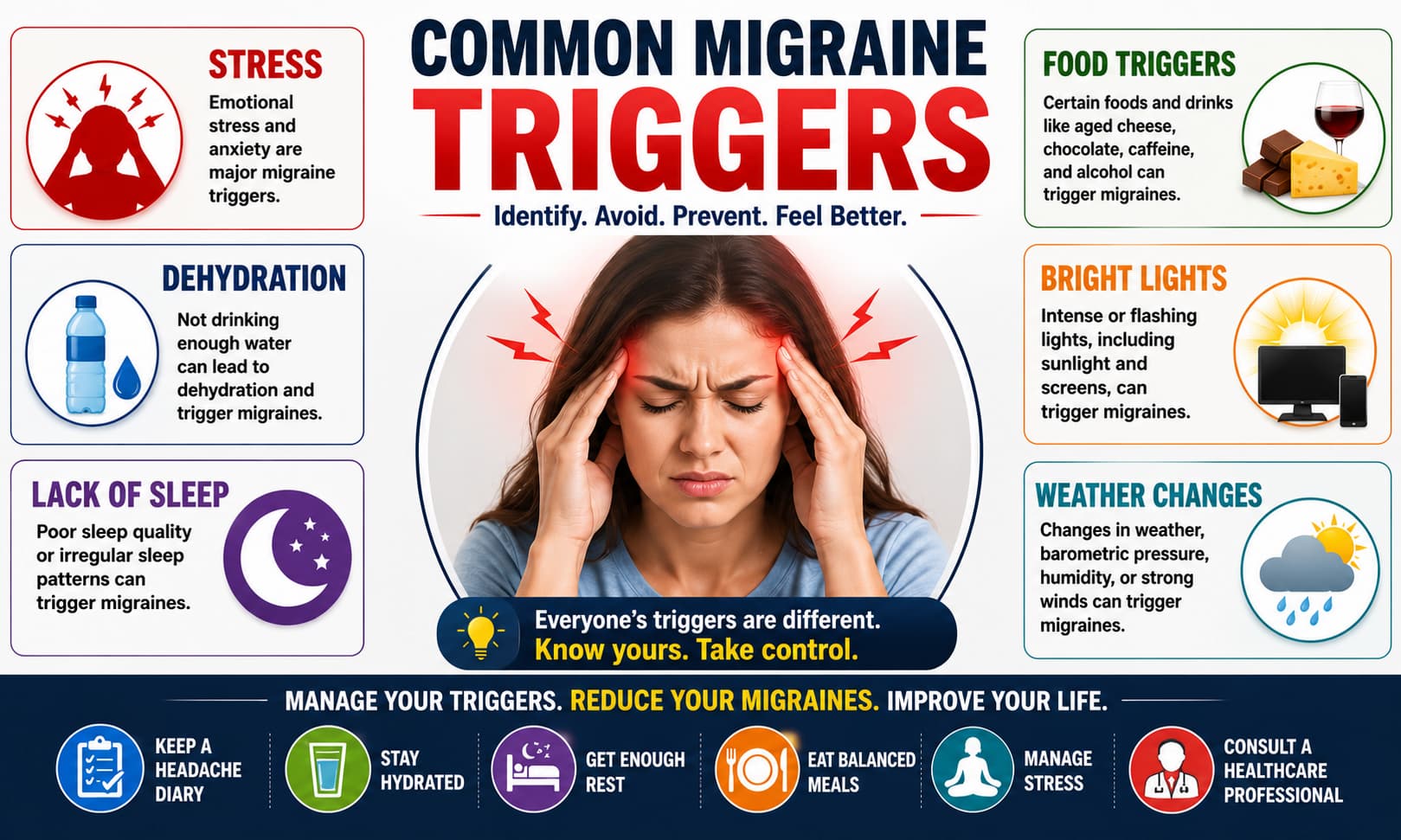 An infographic illustrating common migraine triggers, including stress, dehydration, lack of sleep, food triggers, bright lights, and weather changes.