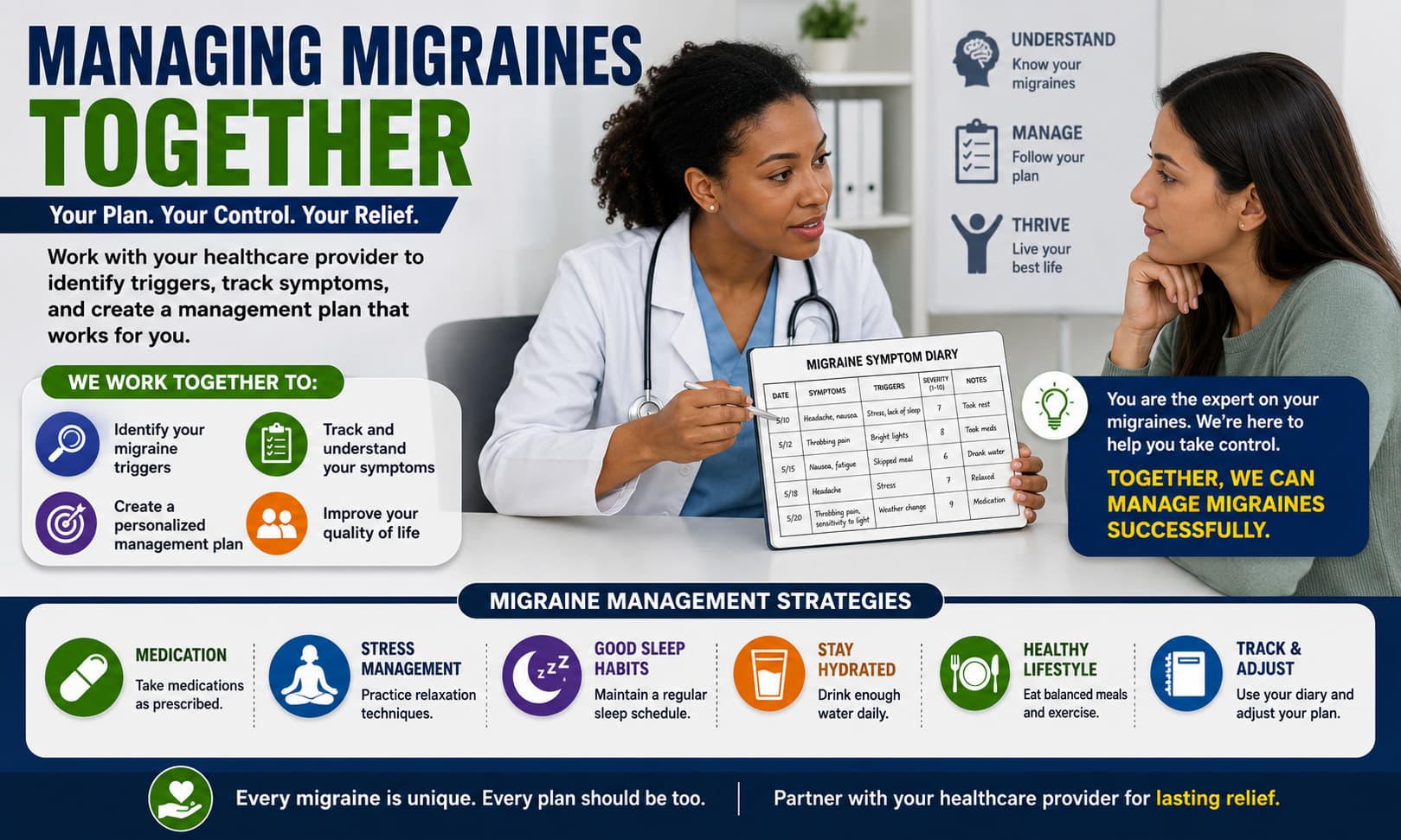 A healthcare provider discussing migraine management strategies with a patient while reviewing a symptom diary.