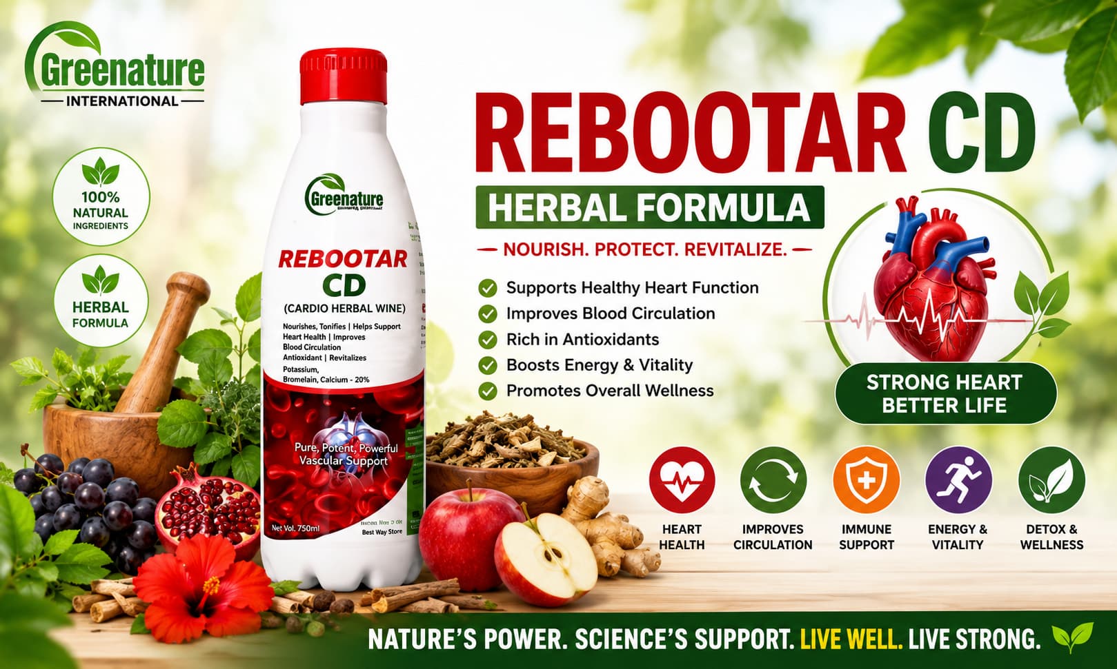 A professionally branded bottle of Rebootar CD Herbal Formula displayed alongside natural herbs, fruits, and wellness-themed imagery promoting vitality and healthy living.