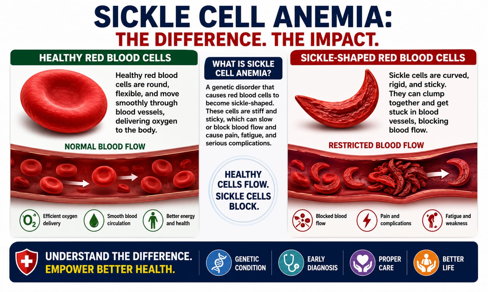 A medical illustration comparing healthy red blood cells with sickle-shaped red blood cells, showing how blood flow can become restricted.