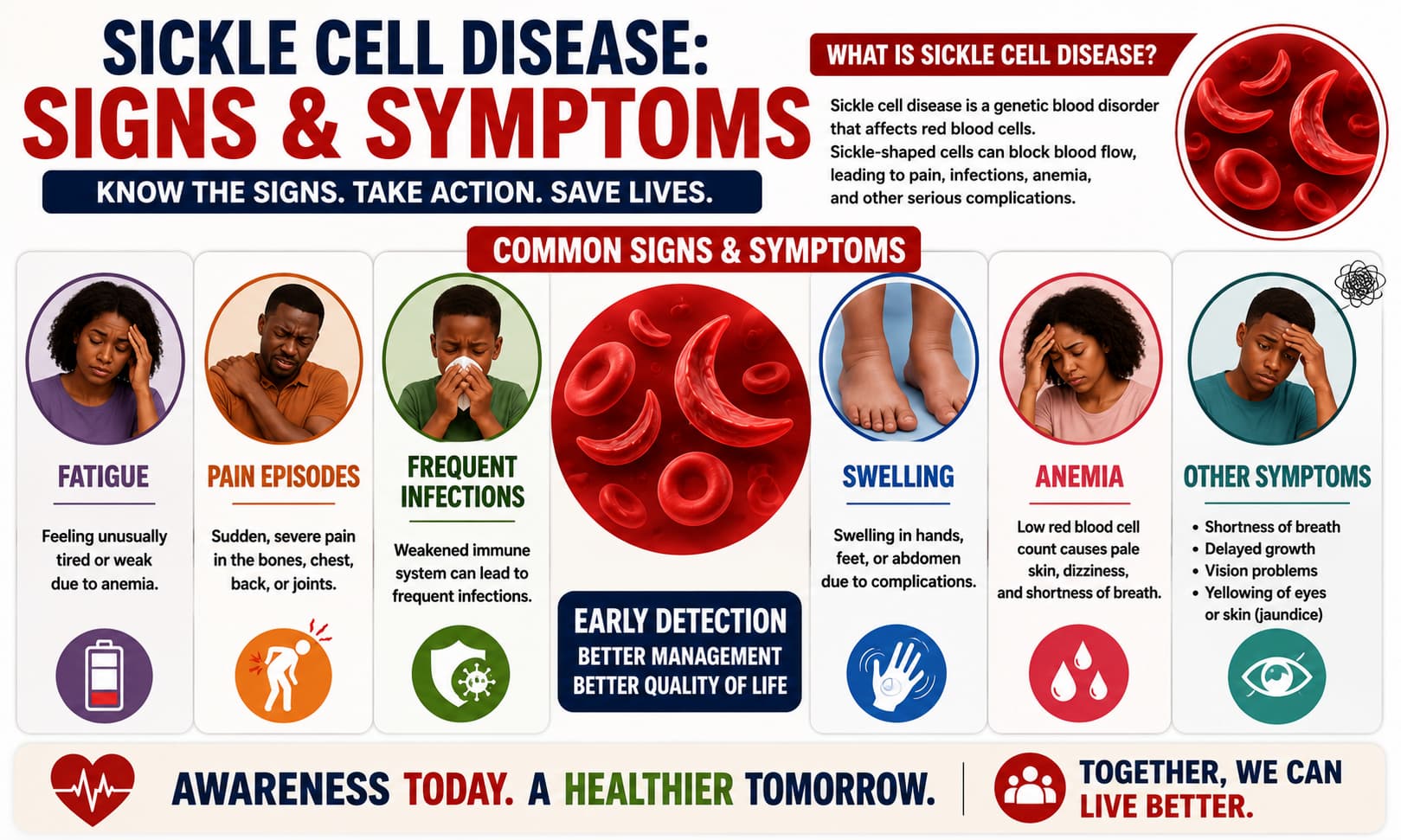 An infographic highlighting the common signs and symptoms of sickle cell disease, including fatigue, pain episodes, swelling, and anemia.