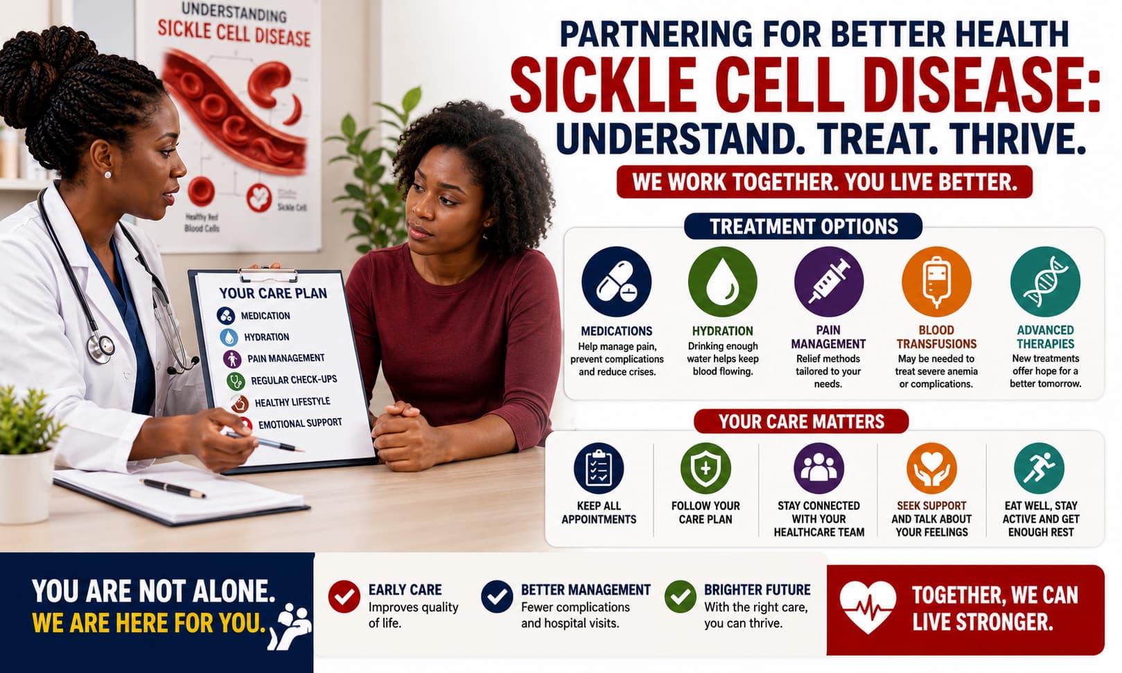 A healthcare professional discussing treatment options and care plans with a patient living with sickle cell disease.