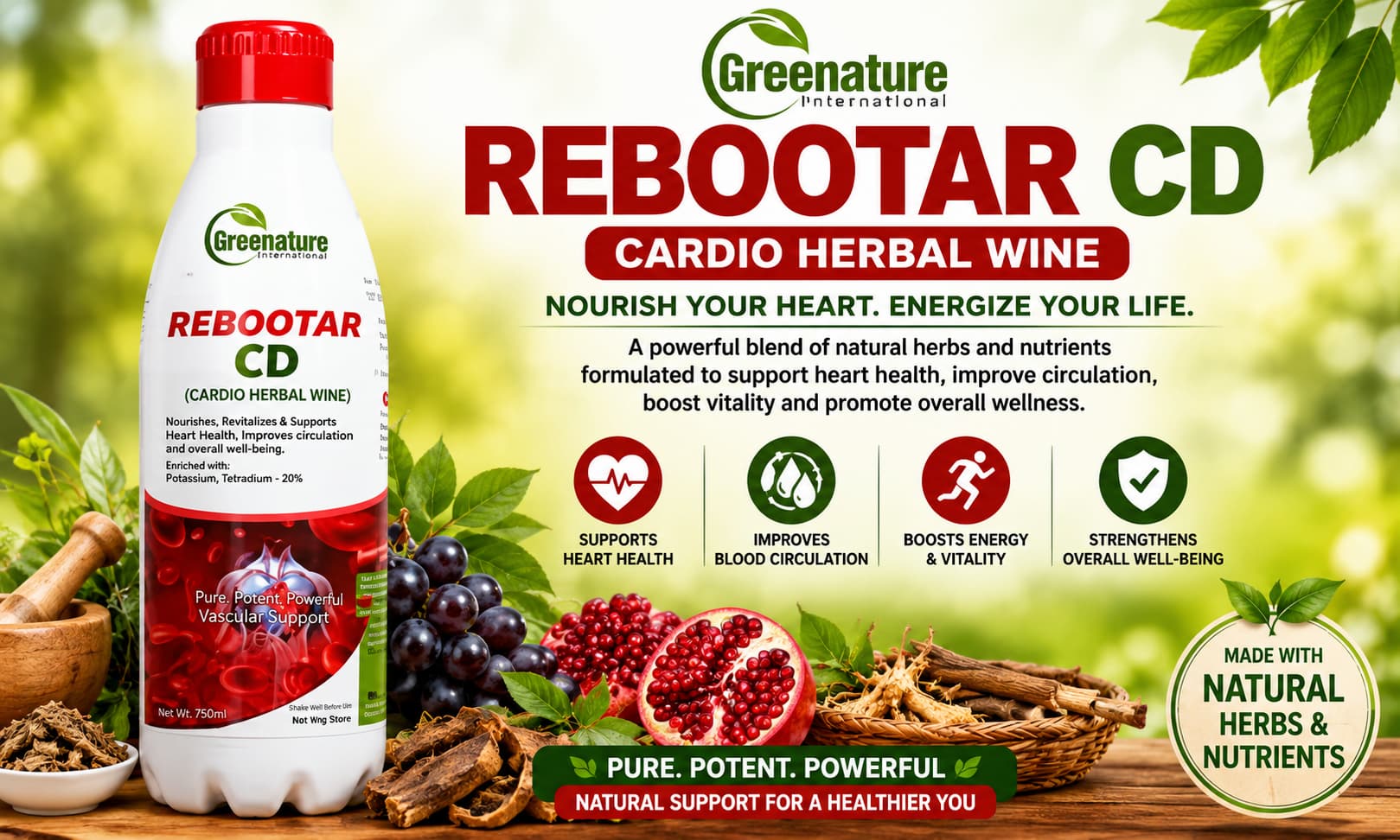 A professionally branded bottle of Rebootar CD Herbal Formula displayed alongside natural herbs, fruits, and wellness-themed imagery promoting vitality and healthy living.
