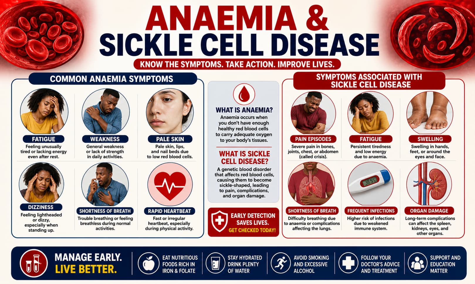 An infographic highlighting common anaemia symptoms such as fatigue, weakness, pale skin, dizziness, shortness of breath, and symptoms associated with sickle cell disease.
