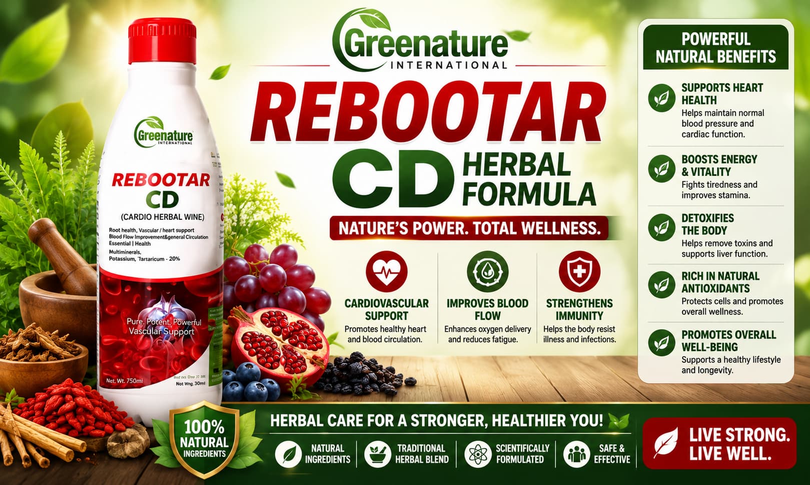 A professionally branded bottle of Rebootar DD Herbal Formula displayed alongside natural herbs, fruits, and wellness-themed imagery promoting vitality and healthy living.
