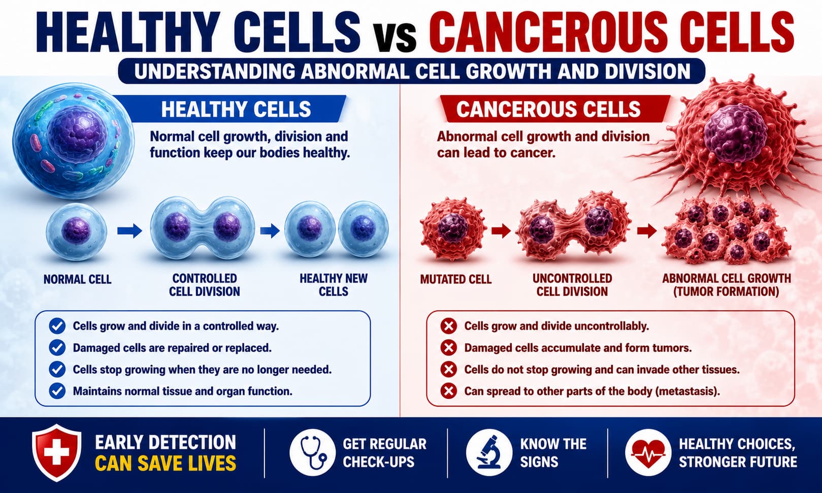 A medical illustration comparing healthy cells with cancerous cells, showing abnormal cell growth and division.