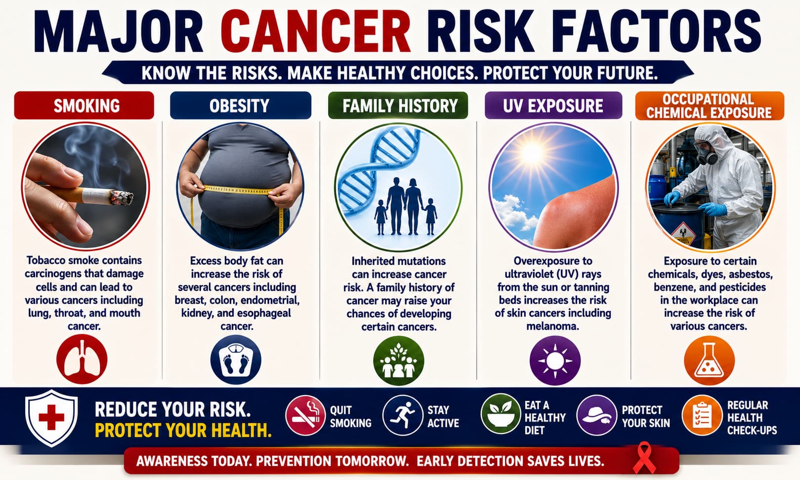 An infographic showing major cancer risk factors, including smoking, obesity, family history, UV exposure, and occupational chemical exposure.