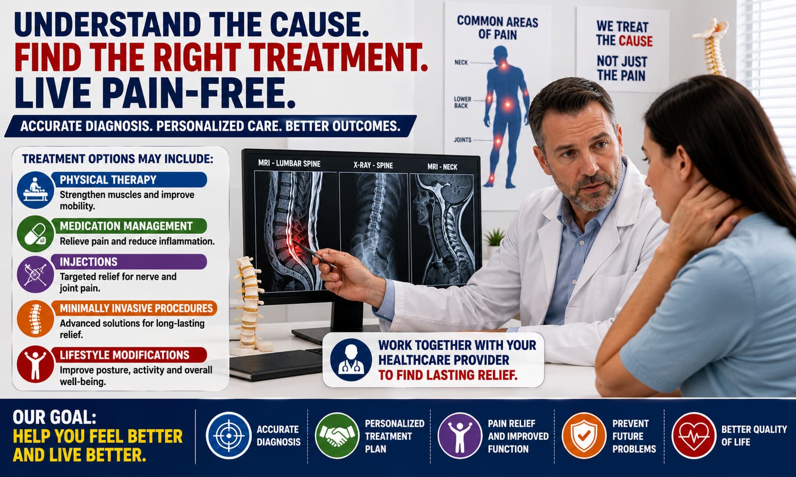 A healthcare professional reviewing diagnostic imaging and discussing treatment options with a patient experiencing chronic pain.