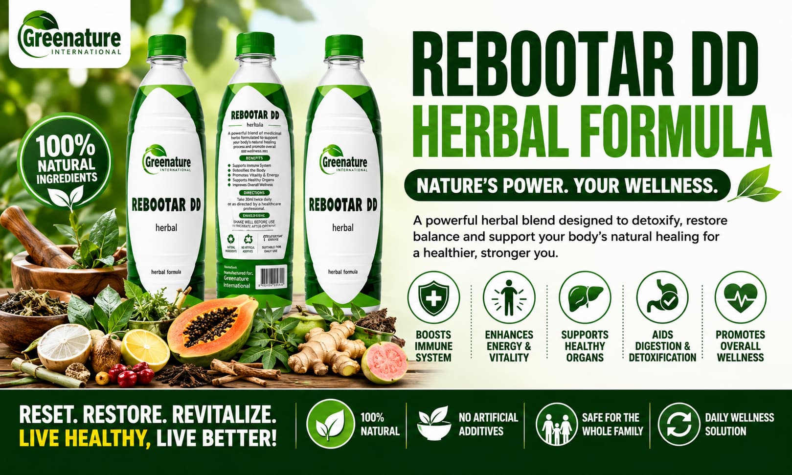 A professionally branded bottle of Rebootar DD Herbal Formula displayed alongside natural herbs, fruits, and wellness-themed imagery promoting overall health and vitality.