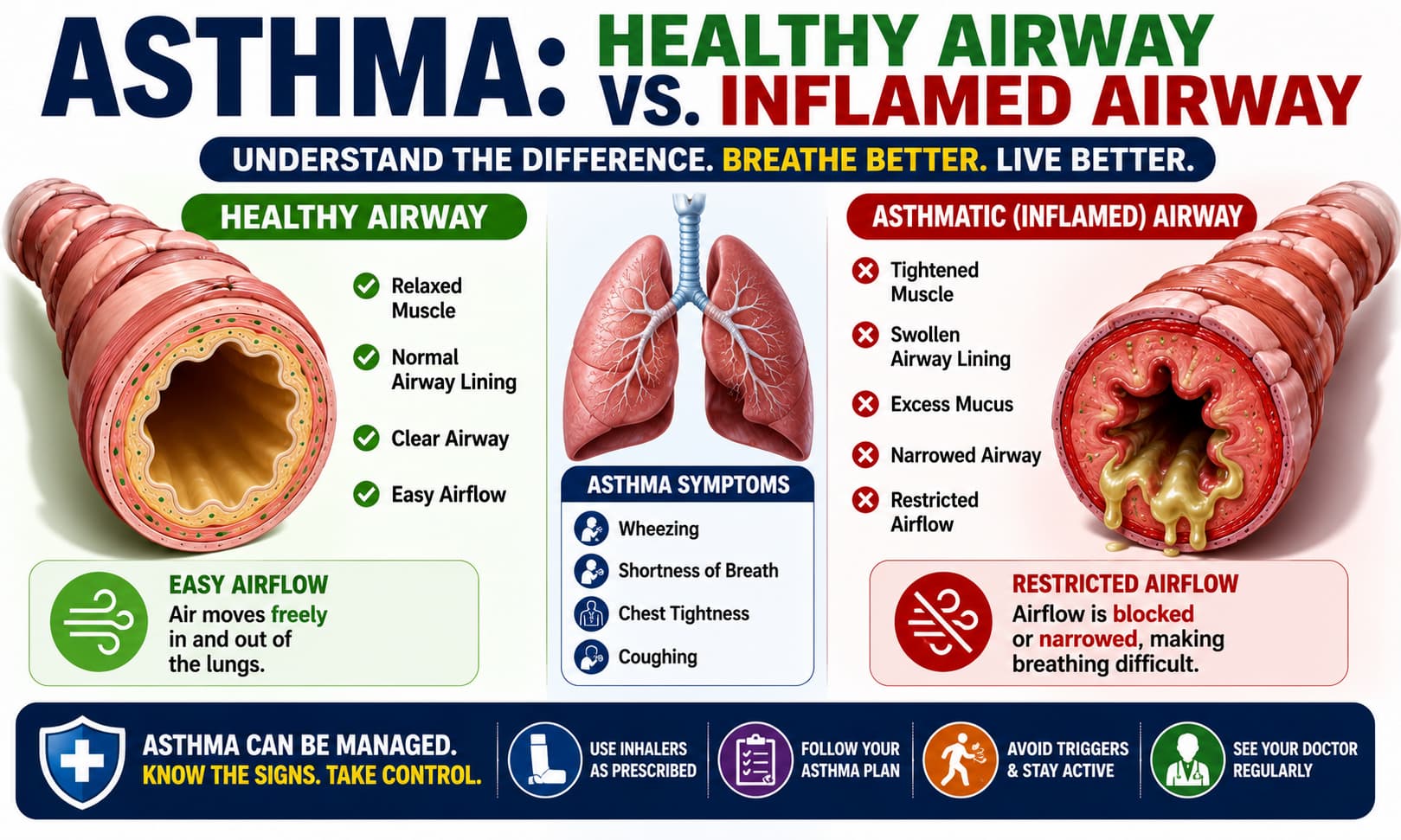 A medical illustration comparing a healthy airway with an inflamed airway affected by asthma, showing restricted airflow and mucus buildup.