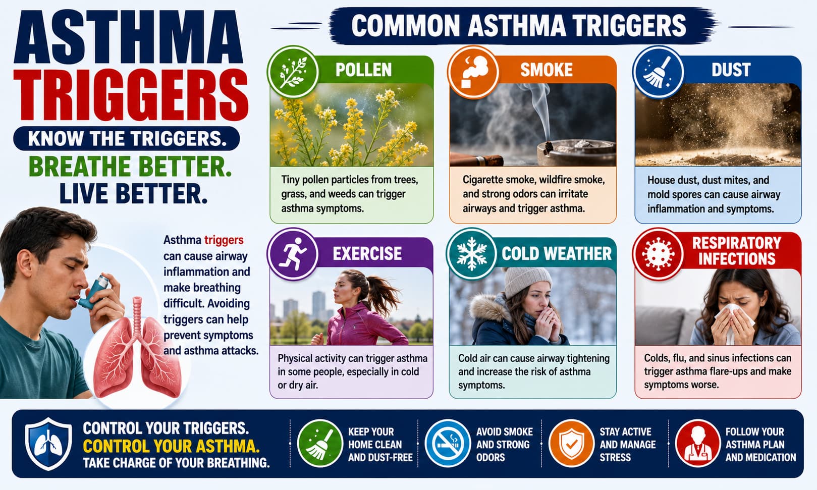 An infographic illustrating common asthma triggers such as pollen, smoke, dust, exercise, cold weather, and respiratory infections.