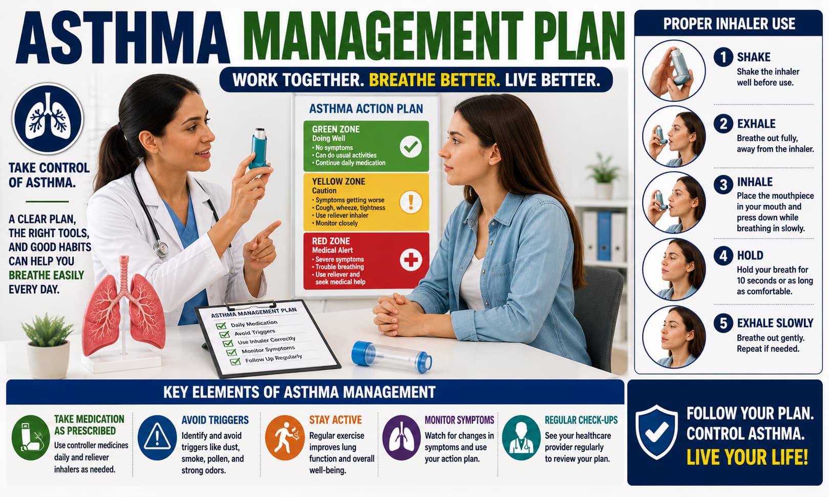A healthcare professional discussing an asthma management plan with a patient while demonstrating proper inhaler use.