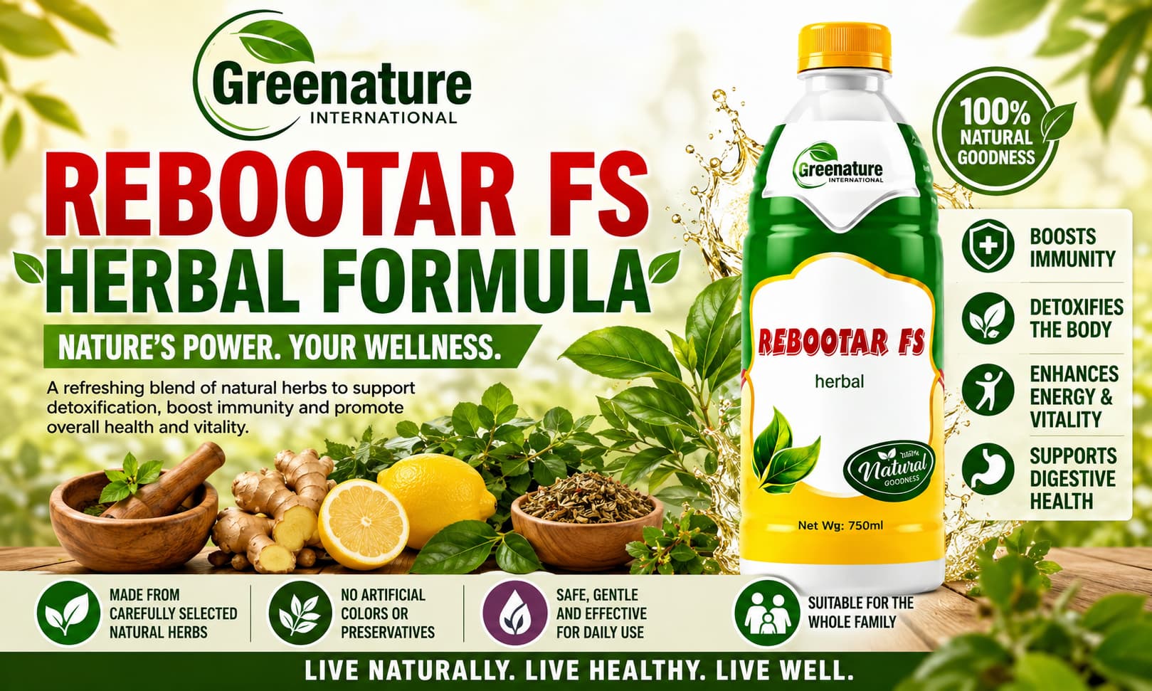 A professionally branded bottle of Rebootar FD Herbal Formula displayed alongside natural herbs and wellness-themed imagery promoting healthy living and overall wellness.
